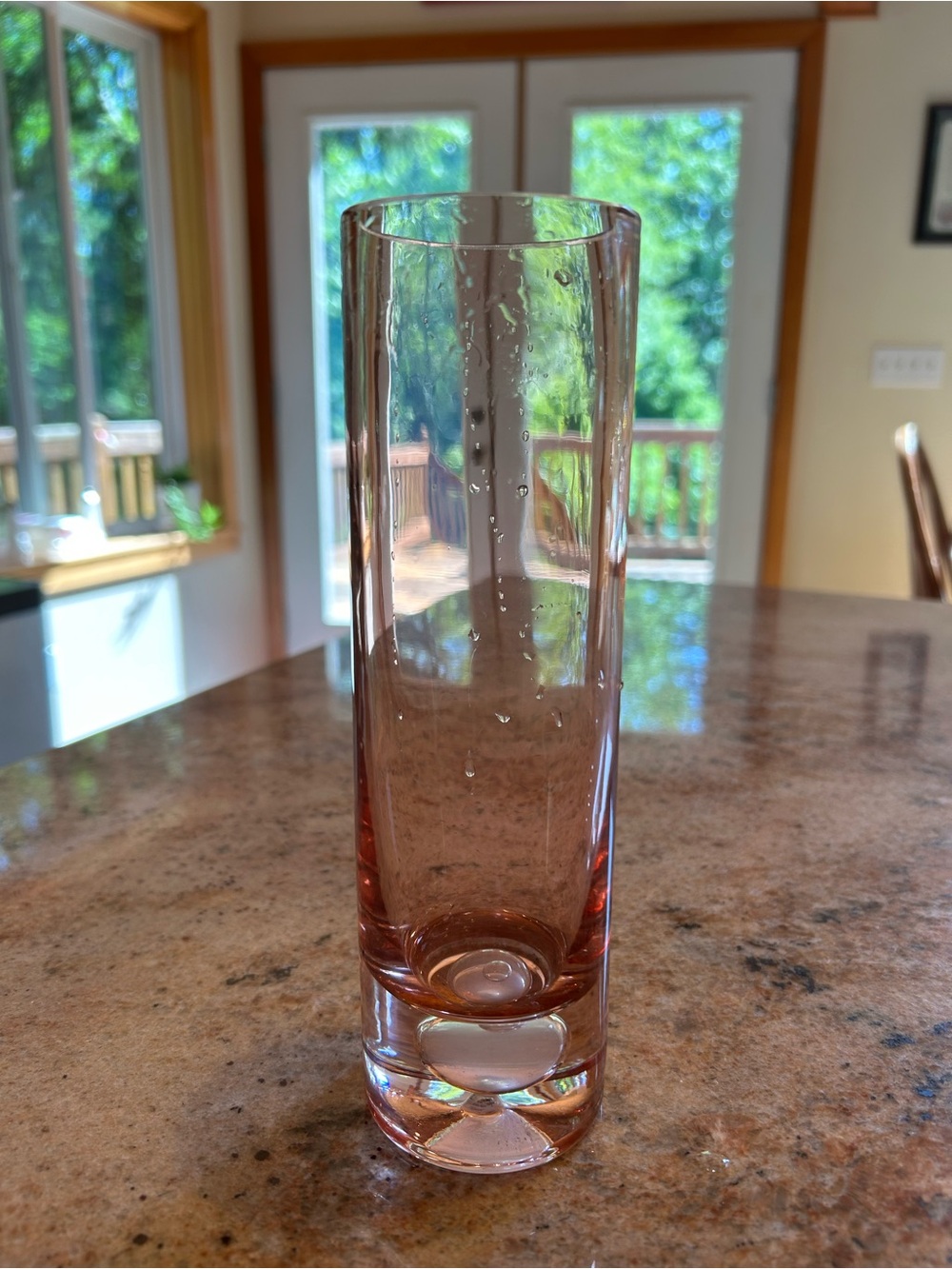 Libbey Vintage MCM  Pink Rose Art Glass Cylinder Vase 8” Bubble Inclusion Base.
